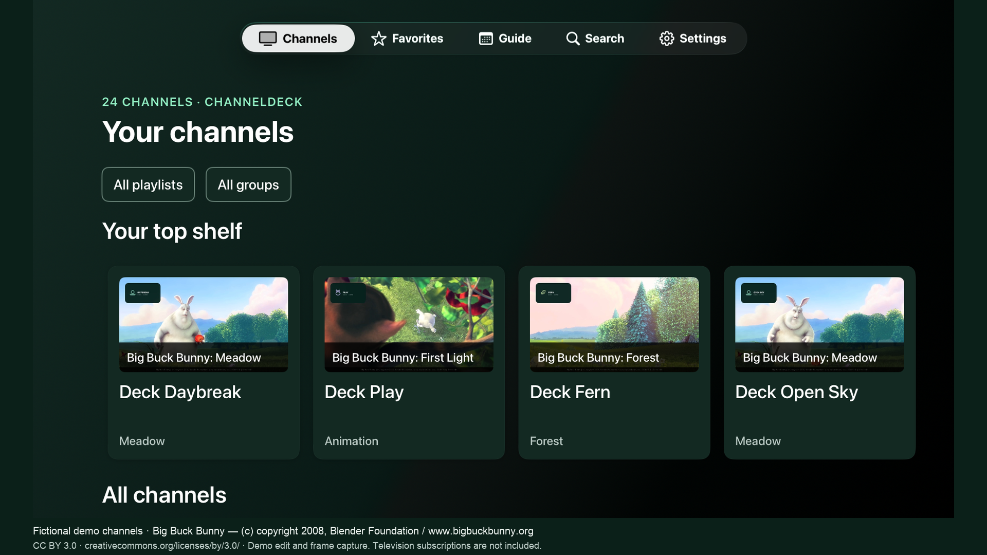 ChannelDeck on Apple TV, showing frame previews and favorites from the fictional demo library